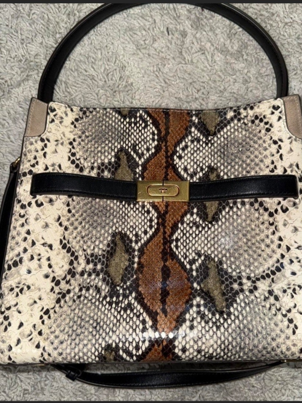 Python-Print Top Handle Satchel in Cream, Brown & Black